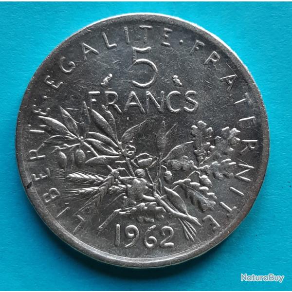 1 pi�ce de 5 Francs argent Semeuse, O.ROTY�, 1962, �29mm, 12gr dont 10,2gr d'argent  835.0 �