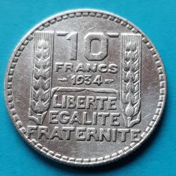 1 pi&egrave;ce de 10 Francs argent, TURIN&nbsp;, Rameaux longs sur t&ecirc;te de Marianne, 1934, &Oslash;28mm, 10gr