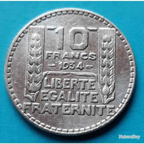 1 pi�ce de 10 Francs argent, TURIN�, Rameaux longs sur t�te de Marianne, 1934, �28mm, 10gr
