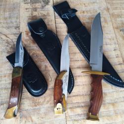 Lot de 3 couteaux de chasse anciens L&eacute;opard - Jamais utilis&eacute;s