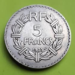 1 pi&egrave;ce de 5 francs Lavrillier, nickel, 1933 - lot n&deg; 88 - Pi&egrave;ce ayant circul&eacute;