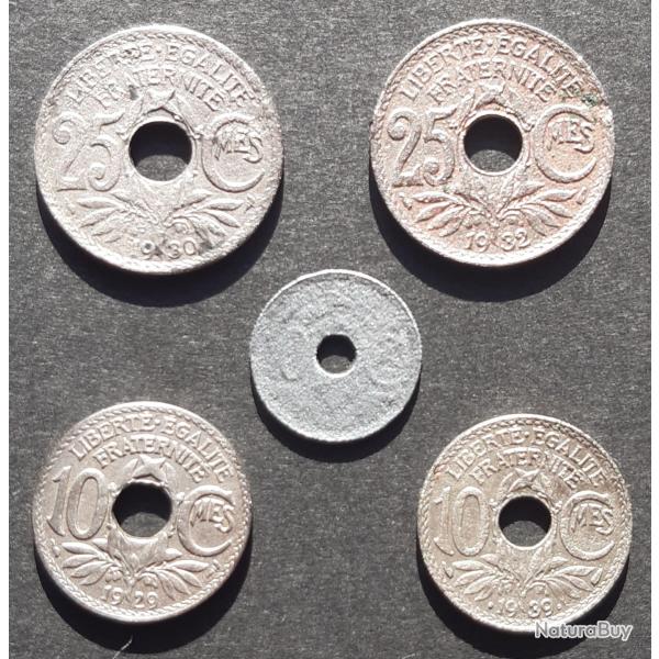Set de 5 pi�ces trou�es en maillechort, 1x10cs 1929, 1x10cs 1939, 1x25cs 1930, 1x25cs 1932.