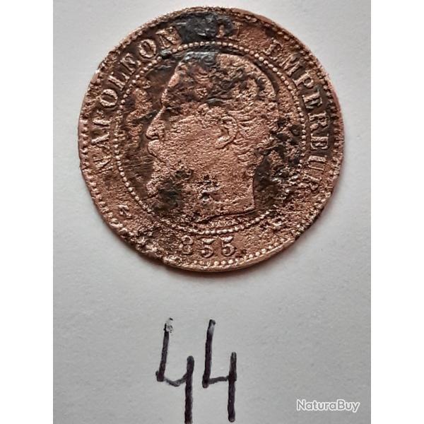 1 pi�ce de 2 centimes Napol�on III, cuivre 1855, atelier B, lot n� 44