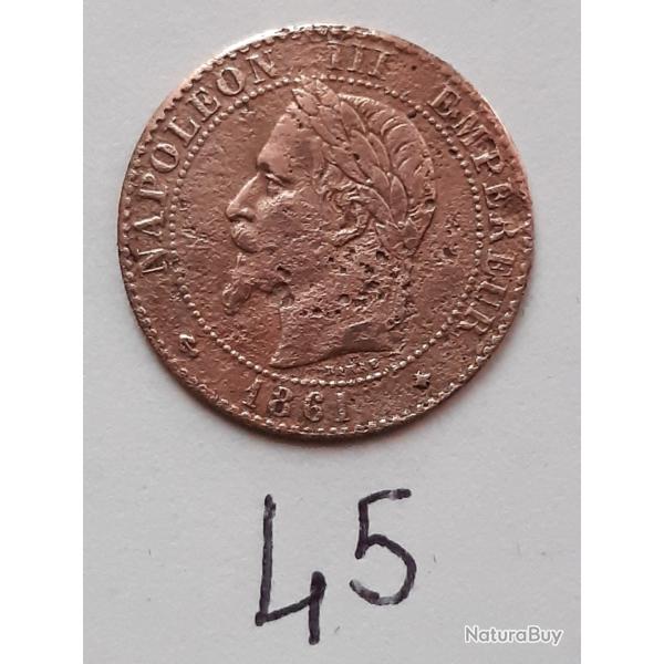 1 pi�ce de 2 centimes Napol�on III, cuivre, 1861, atelier A. lot N� 45