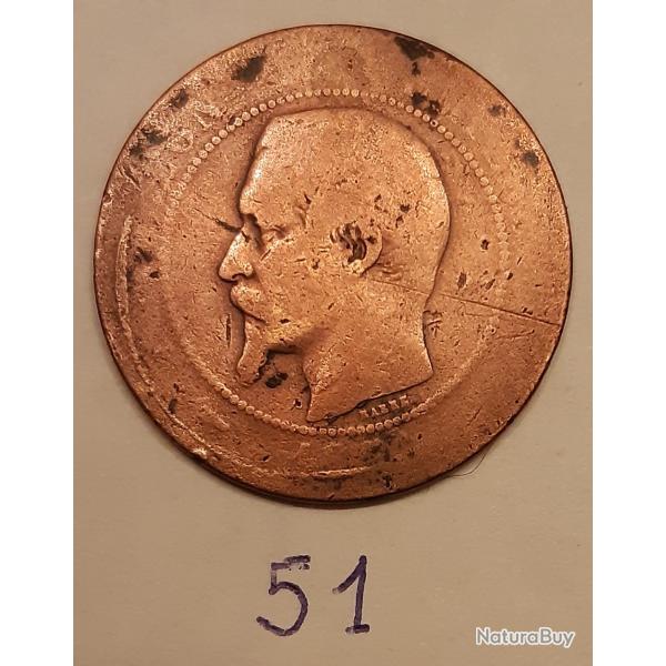 1 pi�ce Napol�on III, DIX centimes (bronze ou cuivre) us�e avec marque de coin de frappe d�centr�e