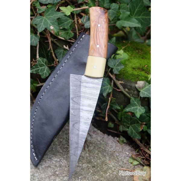 Couteau De Cuisine & Rando Lame Acier Damas 256 Couches Manche Bois/R�sine Etui Cuir F Artisanale