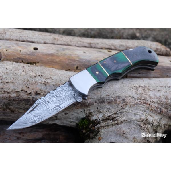 Couteau Lame Damas 128 Couches Manche Emeraude Fa�on Buck 112 Lockback Fabr Artisanale 002