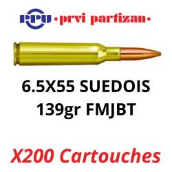 Vente group&eacute;e ! 200 cartouches PPU Partizan Cal. 6,5x55 Su&eacute;dois - 139 grs FMJBT