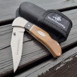 Couteau Winchester Burl Wood Lame Acier 3Cr13 Manche Bois Etui Nylon S&eacute;curit&eacute; Lockback