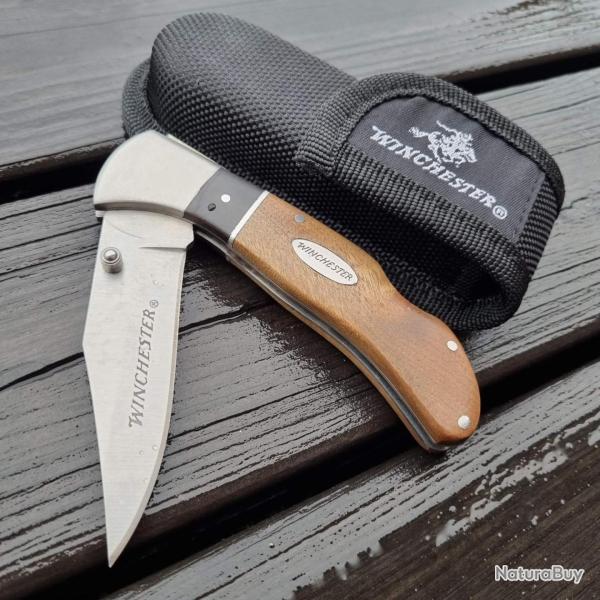 Couteau Winchester Burl Wood Lame Acier 3Cr13 Manche Bois Etui Nylon S�curit� Lockback
