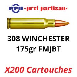 Vente group&eacute;e ! 200 cartouches PPU Partizan Cal. 308 Win - 175 grs FMJBT
