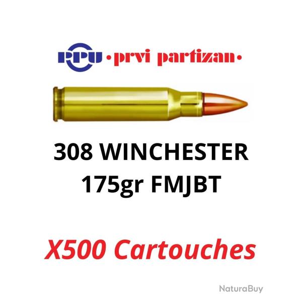 500 Cartouches PPU Calibre 308 Win FMJBT 175grs