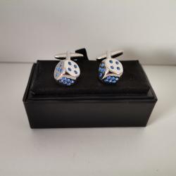 Boutons de manchettes d&eacute;s argent&eacute;s/brillants bleus neufs