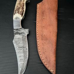 couteau de Poche fair &Agrave; Main Lame Acier Damas Manche En Bois De cerf