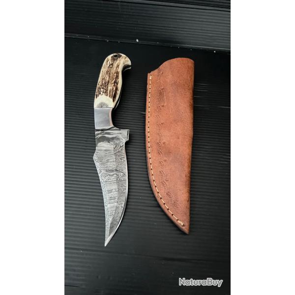 couteau de Poche fair � Main Lame Acier Damas Manche En Bois De cerf
