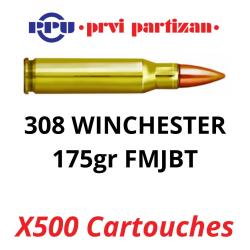 Vente group&eacute;e ! 500 cartouches PPU Partizan Cal. 308 Win - 175 grs FMJBT