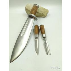 Lot de couteau Bowie de chasse plus fourchette avec &eacute;tui en cuir