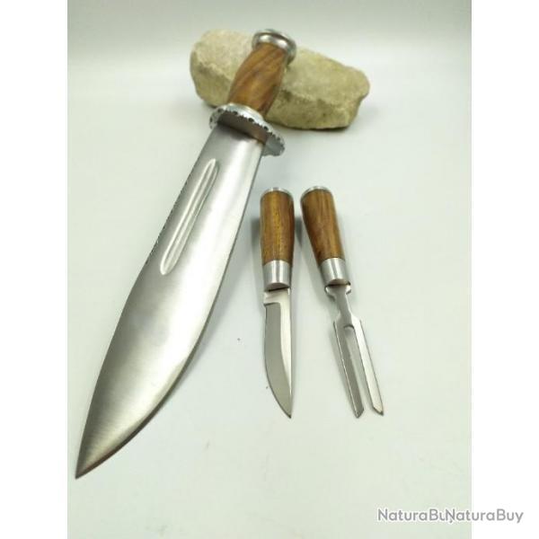 Lot de couteau Bowie de chasse plus fourchette avec �tui en cuir