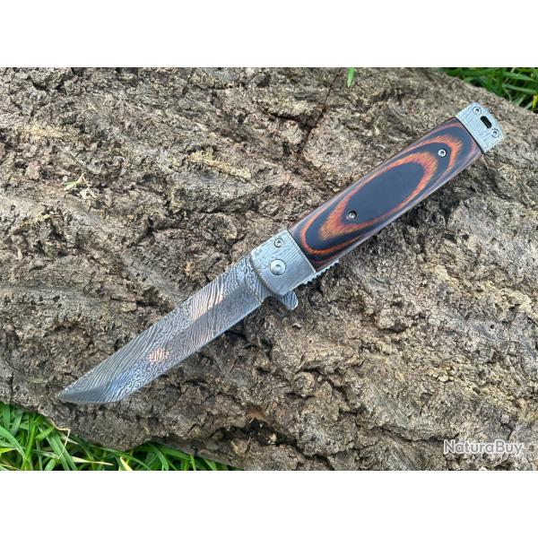 Couteau pliant assist� tanto marron fonc� - acier 440 grav� damas - 22 cm ench�re