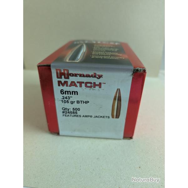 Boite de 500 Ogives Hornady 6 mm 105gn BTHP