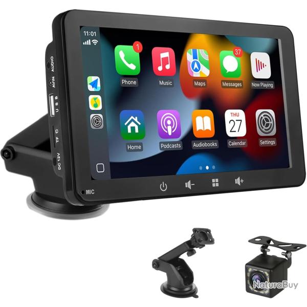�cran Voiture 7" avec Carplay et Android Auto sans Fil - Autoradio Portable avec �cran Tactile : Cam