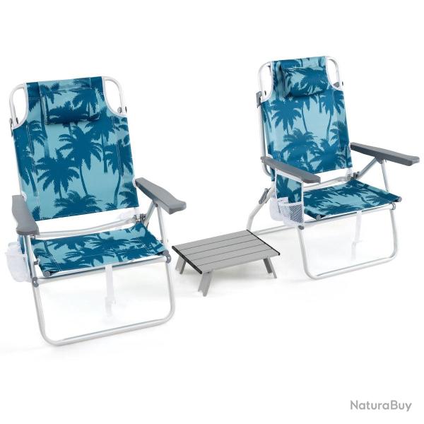 Lot de 2 chaises de plage camping et 1 table pliables 66 x 65 x 91 cm confortables en aluminium ble