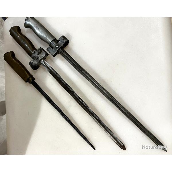 lot de trois ba�onnettes lebel, 2 raccourcies, une transform�e en dague