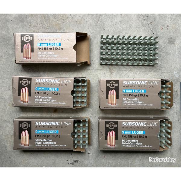 Lot de 5 bo�tes vides de munitions PPU 9 mm LUGER SUBSONIC LINE