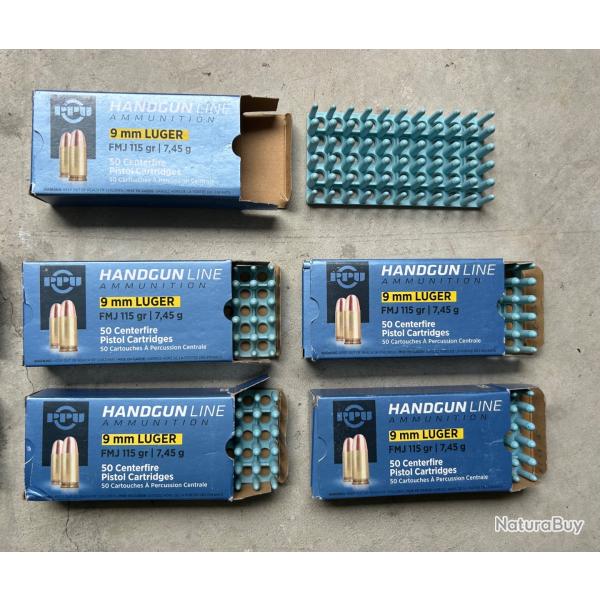 Lot de 5 bo�tes vides de munitions PPU 9 HANDGUN LINE AMMUNITION