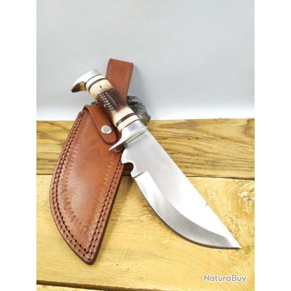 COUTEAU SKINNER 28 CM MANCHE OS JIGGED ETUI EN CUIR