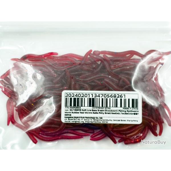 100 Leurres, app�ts en forme de vers de terre rouge - lombrics.