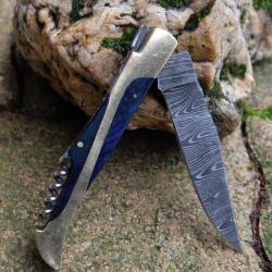 Couteau Damas Lame 128 Couches Fa&ccedil;on Laguiole Abeille Manche Blue/Laiton Tire Bouchons F Artisanale