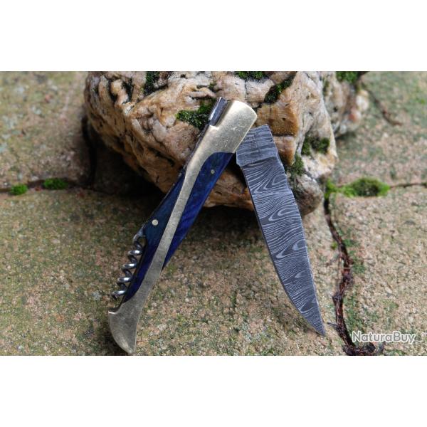 Couteau Damas Lame 128 Couches Fa�on Laguiole Abeille Manche Blue/Laiton Tire Bouchons F Artisanale