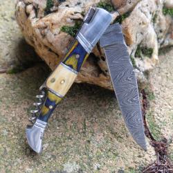 Couteau Damas Lame 128 Couches Fa&ccedil;on Laguiole Abeille Manche 3 Bois Tire Bouchons Fabr Artisanale01