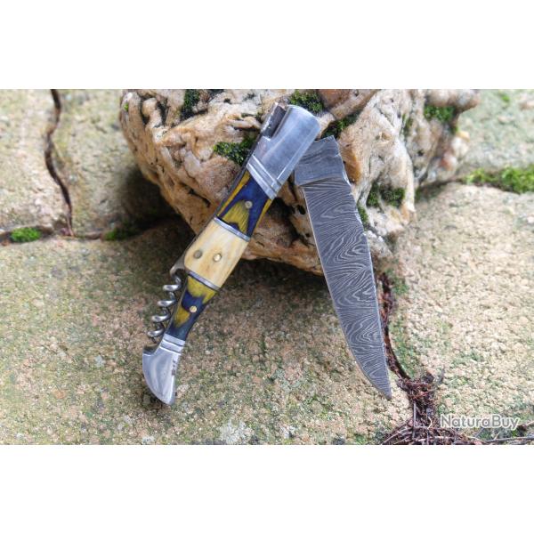 Couteau Damas Lame 128 Couches Fa�on Laguiole Abeille Manche 3 Bois Tire Bouchons Fabr Artisanale01