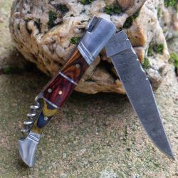 Couteau Damas Lame 128 Couches Fa&ccedil;on Laguiole Abeille Manche 3 Bois Tire Bouchons Fabr Artisanale02