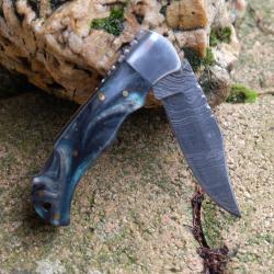 Couteau Lame Acier Damas 128 Couches Manche Fa&ccedil;on Marbre Fa&ccedil;on Buck 112 Lockback Fabr Artisanale