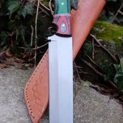 Couteau Mini Katana Tanto Lame Acier Carbone 1055 Manche 2 Bois Etui Cuir Fabric Artisanale