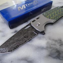 Couteau MTech Semi Auto Lame Tanto Acier 3Cr13 Fa&ccedil;on Damas Manche Green/Black Liner Lock Clip