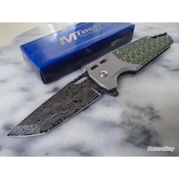 Couteau MTech Semi Auto Lame Tanto Acier 3Cr13 Fa�on Damas Manche Green/Black Liner Lock Clip