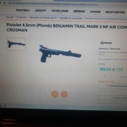 Pistolet air comprim&eacute;  4,5 dans mallette tir&eacute; moins de 100 plomb