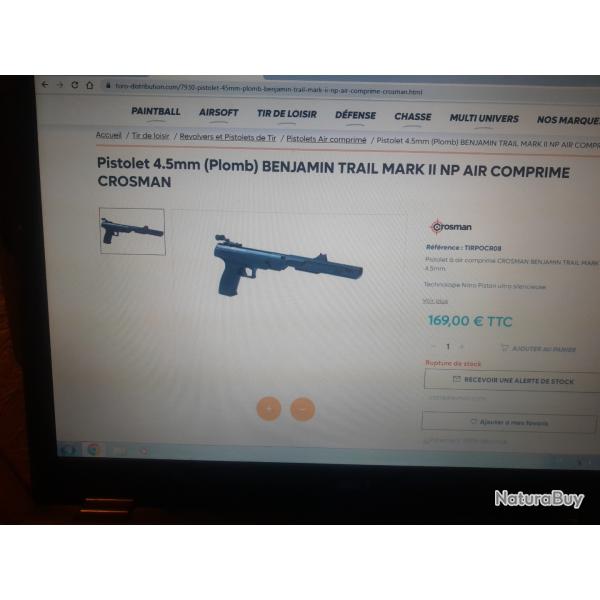 Pistolet air comprim�  4,5 dans mallette tir� moins de 100 plomb