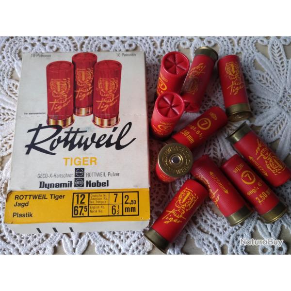 10 ANCIENNES  CARTOUCHES DE COLLECTION ROTTWEIL TIGER cal 12 DANS LEUR BOITE D'ORIGINE