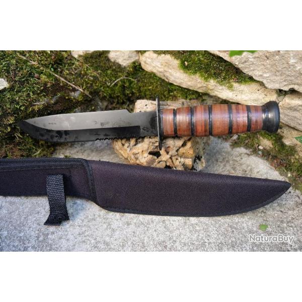 Couteau Tactical Marines Combat Fighting Lame Acier 3Cr13 Serr Black Manche Cuir Etui Style Ka-bar