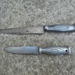Lot de 2 Couteaux sans Fourreaux Poign&eacute;e Aluminium Poilus ? ww1 ? CJF ?