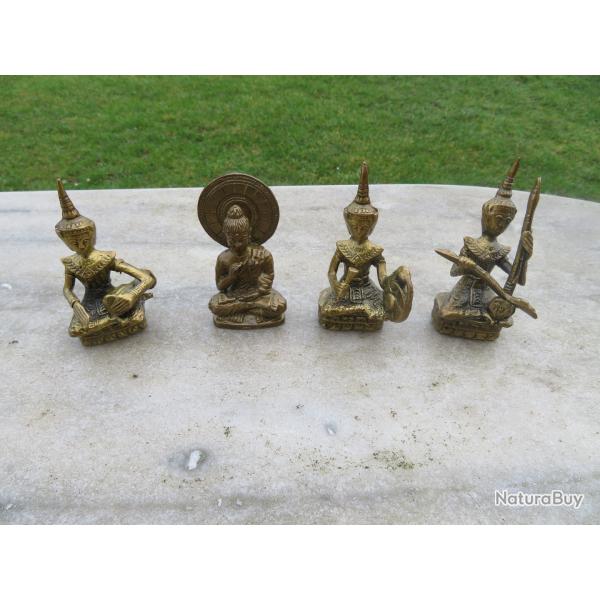 Ensemble de 4 statuettes en bronze dor� musiciens traditionnel et buddha - Tha�lande (Milieu XX�)