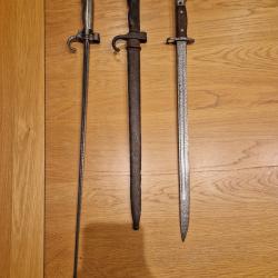 Lot de 3 ba&iuml;onnette 1er guerre Fr et GB Berthier Lebel et Lee Enfield