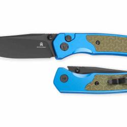 Couteau Bestechman Icebreaker Lame Acier D2 Manche Alu Bleu Mat & G10 Vert OD Button Lock BTKMK16E -