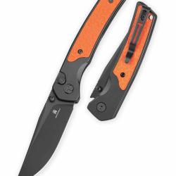 Couteau Bestechman Icebreaker Lame Acier D2 Manche Alu Noir & G10 Orange Button Lock BTKMK16D