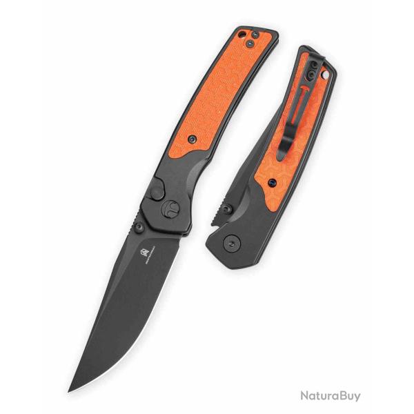 Couteau Bestechman Icebreaker Lame Acier D2 Manche Alu Noir & G10 Orange Button Lock BTKMK16D